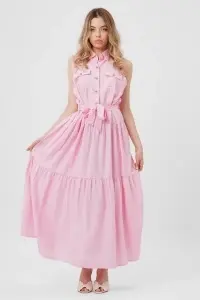 Rochie maxi roz cu nasturi aurii și buzunare - Img 2