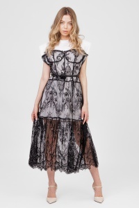 Rochie midi albă/neagră din dantelă cu cordon cu trandafir - Img 3