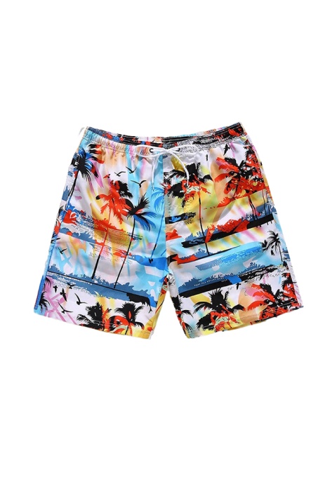 Pantaloni scurti de baie tip sort, barbati, multicolori, imprimeu paradis tropical palmieri, uscare rapida - Img 1