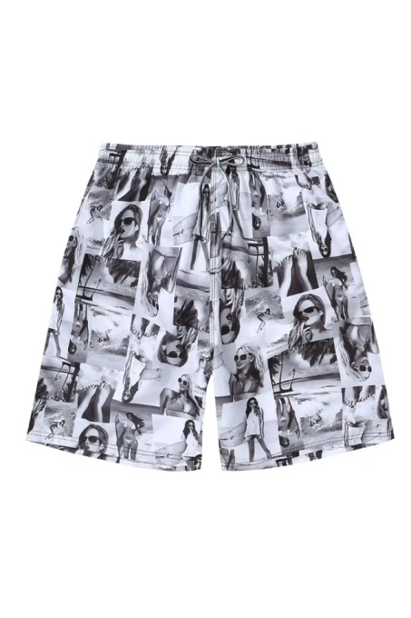 Pantaloni scurti de baie tip sort, barbati, imprimeu vintage grafic cu femei, model vacanta cool, uscare rapida, alb cu maro - Img 1