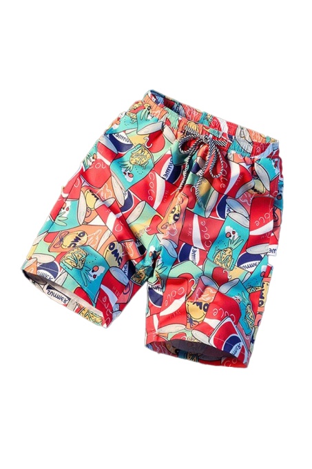Pantaloni scurti de baie tip sort, barbati, multicolori, imprimeu vesel doze cu suc, uscare rapida - Img 1