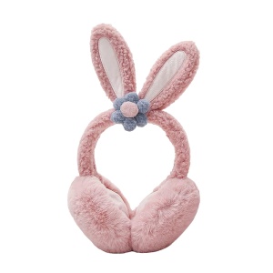 Acoperitori pentru urechi, protectie impotriva frigului, model casti dama cu urechiuse de iepuras si fundita, tematica flower bunny, marime universala, roz inchis