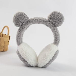 Acoperitori pentru urechi, protectie impotriva frigului, model casti dama pufoase cu urechiuse de ursulet, tematica funny winter, marime universala, gri - Img 3