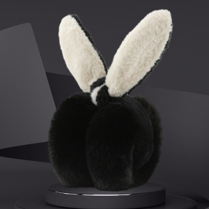 Acoperitori pentru urechi, protectie impotriva frigului, model casti pufoase cu urechi lungi de iepuras, pliabile, tematica happy bunny, marime universala, negre - Img 2