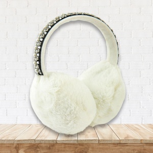 Acoperitori pentru urechi, protectie impotriva frigului, model casti dama rotunde, accesorizate cu margelute, tematica royal fashion, marime universala, bej - Img 2
