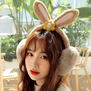 Acoperitori pentru urechi, protectie impotriva frigului, model casti dama cu urechiuse de iepuras si fundita, tematica flower bunny, marime universala, maro - Img 2