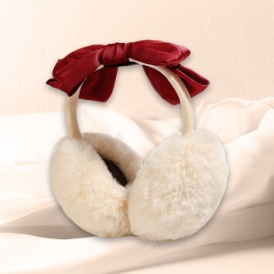 Acoperitori pentru urechi, protectie impotriva frigului, model casti dama cu funda eleganta supradimensionata, tematica fashion winter, marime universala, bej - Img 3