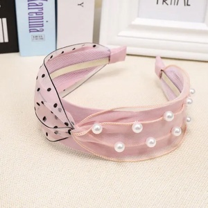 Bentita pentru par cu nod, model delicat si pretios, imprimeu cu buline si accesorii perlute, marime universala, roz - Img 2