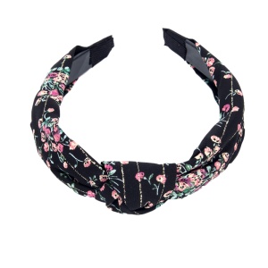 Bentita pentru par, model nod de cravata imprimeu floral, neagra, marime standard