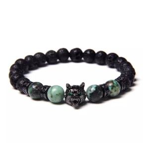 Bratara barbati, creata manual, pandantiv cap de lup, verde jad,
