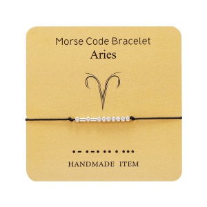Bratara cod morse zodiac berbec, argintiu, creata manual, neagra, , unisex