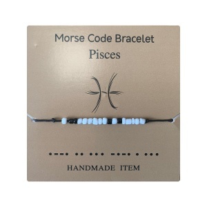 Bratara cu cod morse zodiac pesti, argintiu, creata manual, neagra, , unisex