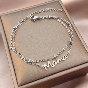 Bratara dama, dublata, model cel mai frumos cuvant, pandantiv mama, cu accesorii bilute, reglabila, argintie - Img 4