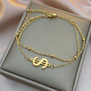 Bratara dama, dublata, model rich money, pandantiv dolar, cu accesorii bilute, reglabila, aurie - Img 3