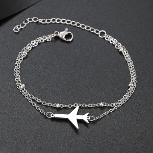 Bratara dama, dublata, model travel, pandantiv avion, cu accesorii bilute, reglabila, argintie - Img 2
