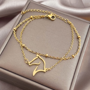 Bratara dama, model dublat cu accesorii bilute, tematica horse life, pandantiv calut majestic, reglabila, aurie - Img 3