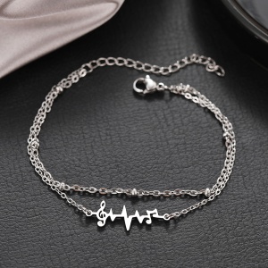 Bratara dama, model dublat cu accesorii bilute, tematica music is my life, pandantiv fantezie muzicala cheia sol cu puls si note, reglabila, argintie - Img 4