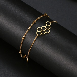 Bratara dama, model dublat cu accesorii bilute, tematica queen bee, pandantiv stup de miere, reglabila, aurie - Img 3