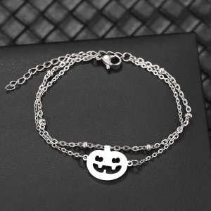 Bratara dama, model dublat cu accesorii bilute, tematica scary halloween, pandantiv dovleac hazliu, reglabila, argintie - Img 2
