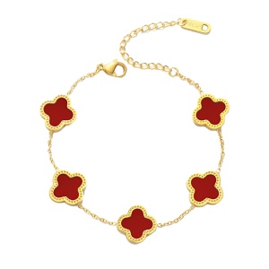 Bratara dama, model norocos, trifoi cu 4 foi, aurie, reglabila, cu accesorii rosii