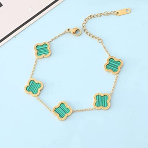 Bratara dama, model norocos, trifoi cu 4 foi, aurie, reglabila, cu accesorii verzi - Img 2