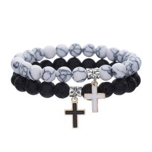 Bratara dama, set 2 piese, model cu pandantiv tip cruce, asortate, tematica God is love, elastice, negru cu alb