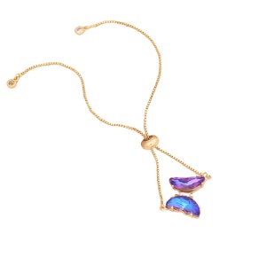 Bratara dama, tenis, pandantiv fluture cristal albastru violet, aurie, reglabila