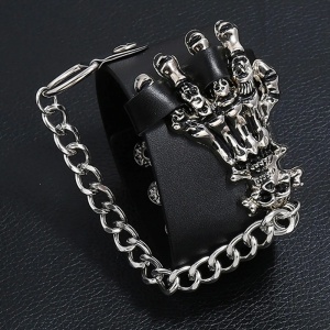 Bratara de piele sintetica cu mana de schelet, accesorizata cu lant, model together forever, tematica nedespartiti, unisex, argintie, - Img 3