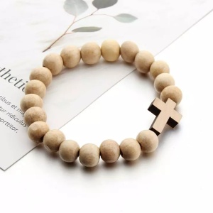 Bratara din lemn natural cu pandantiv cruce, creata manual, crem, , unisex - Img 2