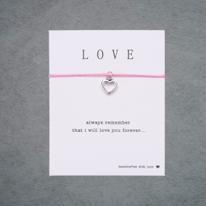 Bratara love pandantiv inima argintiu, realizate manual, sfoara roz, reglabila, unisex - Img 2