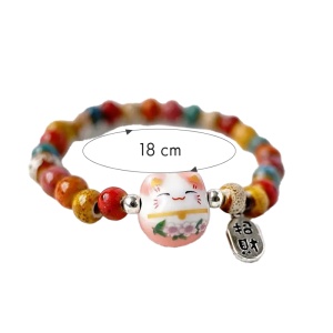 Bratara, model cu margele si pisica simpatica, tematica lucky cat, elastica, unisex, roz - Img 4
