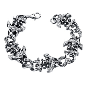 Bratara sailor life, model cu pandantive ancora si pirate skull, tematica dark sea life, unisex, argintie,