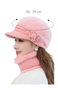 Caciula dama, set doua piese, model elegant pufos cu cozoroc si accesorizat cu fundita si fular tip guler asortat, captuseala calduroasa, tematica elegant winter flowers, marime universala, roz lila - Img 3