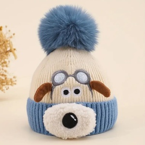 Caciula pentru copii, accesorizata cu botic de catel, model pom pom calduros, captuseala delicata, tematica I love dogs, 1 – 4 ani, albastra - Img 3