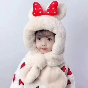 Caciula pentru copii, calduroasa, model voluminos cu urechiuse, accesoriu funda gigantica cu buline, tematica my lovely kid, 1 – 5 ani, crem - Img 3
