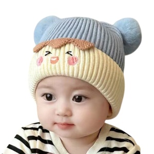 Caciula pentru copii, margine de contrast, model cu pom pom, tematica smile funny face, 6 luni – 2 ani, albastra