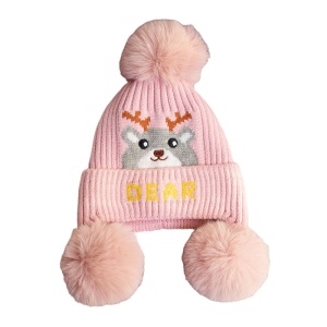Caciula pentru copii, moale si calduroasa, model cu pom pom pufos multiplu, tematica little deer, 2 – 8 ani, roz pal