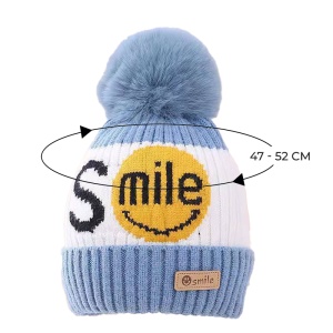 Caciula pentru copii, moale si calduroasa, model cu pom pom, tematica smile you are the best, 2 – 8 ani, albastra - Img 3