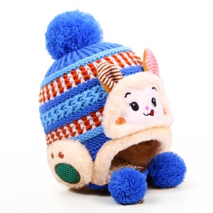 Caciula pentru copii, model calduros cu pom pom cu urechiuse hazlii, prindere sub barbie, tematica iepuras bunny poznas, 0 – 2 ani, albastra