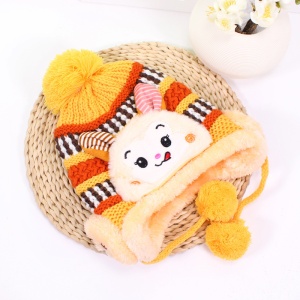 Caciula pentru copii, model calduros cu pom pom cu urechiuse hazlii, prindere sub barbie, tematica iepuras bunny poznas, 0 – 2 ani, galbena - Img 3