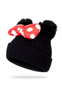 Caciula pentru copii, model cu urechiuse pom pom si funda chic, marime universala, neagra - Img 4