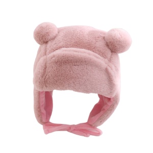 Caciula pentru copii, model cu urechiuse si prindere reglabila, usor elastica la spate, tematica I’m a fluffy bear, 3 – 6 ani, roz