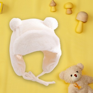 Caciula pentru copii, model cu urechiuse si prindere reglabila, usor elastica la spate, tematica I’m a fluffy bear, 3 – 6 ani, bej - Img 3