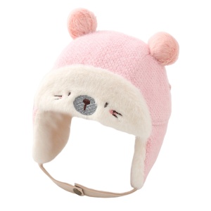 Caciula pentru copii, model pom pom calduros, prindere cu capsa, tematica cute baby, 6 luni – 2 ani, roz