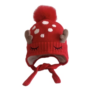 Caciula pentru copii, model pom pom cu urechiuse si prindere sub barbie, tematica micuta caprioara din poveste, 1 – 4 ani, rosie