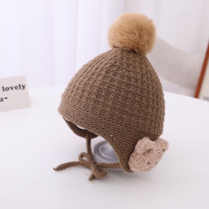 Caciula pentru copii, model pom pom si ursulet la urechi, prindere sub barbie reglabila, tematica prietenul meu blanos, 1 – 2 ani, maro - Img 3