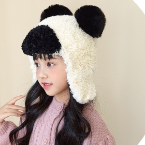 Caciula pentru copii, prelungire cu urechi, model pom pom calduros, prindere sub barbie, tematica cute and funny, 4 – 10 ani, alb cu negru - Img 2