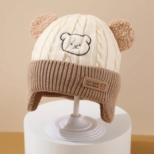 Caciula pentru copii, prelungire pentru urechiuse, imprimeu ursulet, model cute, tematica happy little bear, 6 luni – 3 ani, bej cu maro - Img 2