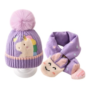 Caciula pentru copii, set doua piese, model foarte haios si vesel cu pompom si fular asortat, tematica lumea animalelor, 1 - 6 ani, mov