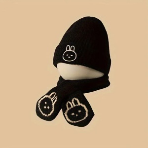 Caciula pentru copii, set doua piese, model minimalist cu iepuras, fular asortat, tematica sweet little bunny, 6 luni - 3 ani, neagra - Img 3